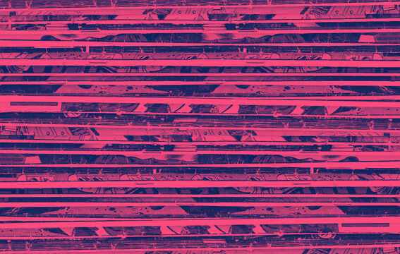 Old comic books stacked in a pile with pink and blue duotone background