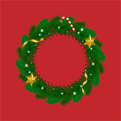  christmas background .  Merry christmas and happy new year. christmas tree wreath decorated with christmas balls and candy canes. holiday decoration element on red background.
