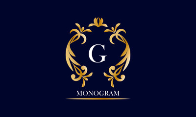 Obraz premium Golden elegant monogram on a black background with the inscription and the letter G in white. Vector heraldic illustration. Luxury ornament sign, restaurant, boutique, cafe, hotel