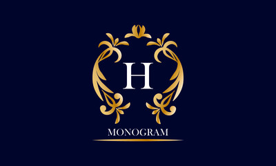 Golden elegant monogram on a black background with the inscription and the letter H in white. Vector heraldic illustration. Luxury ornament sign, restaurant, boutique, cafe, hotel