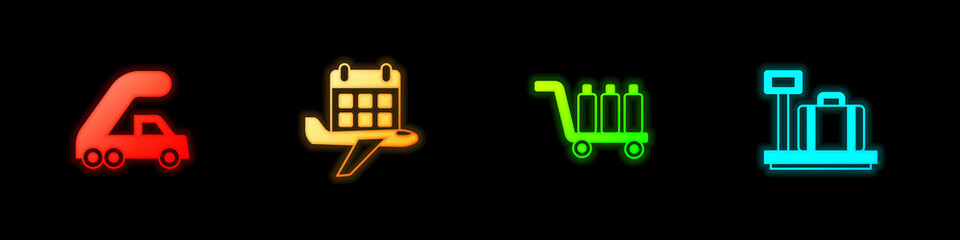 Set Passenger ladder for plane boarding, Calendar and airplane, Trolley baggage and Scale with suitcase icon. Vector