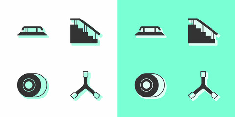 Set Skateboard Y-tool, stairs with rail, wheel and icon. Vector