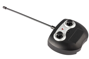 Radio remote control on a white background. Black joystick with antenna. Isolate on white.