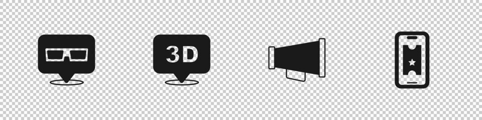 Set 3D cinema glasses, word, Megaphone and Buy ticket online icon. Vector