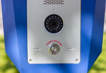 Emergency call panel. Panic button in the city park.