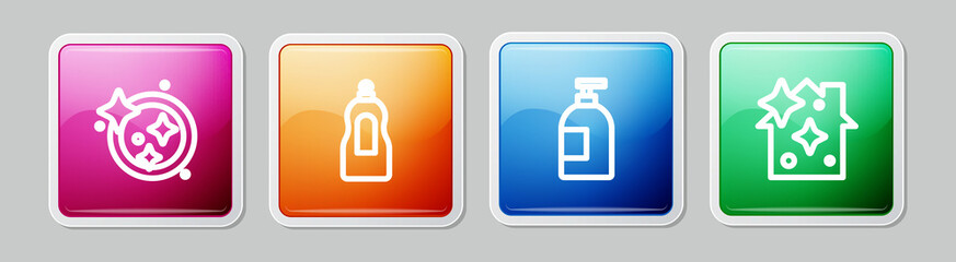 Set line Washing dishes, Dishwashing liquid bottle, and Home cleaning service. Colorful square button. Vector