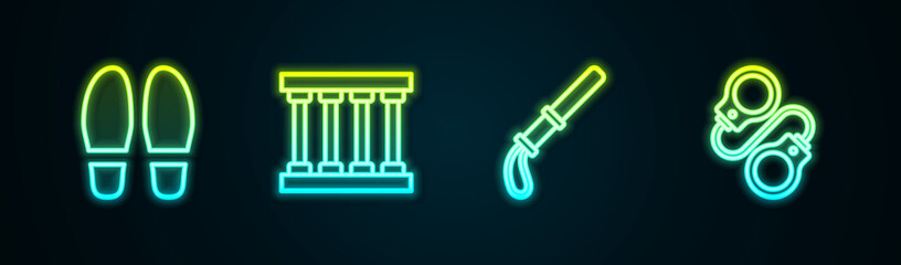 Set line Footsteps, Prison window, Police rubber baton and Handcuffs. Glowing neon icon. Vector