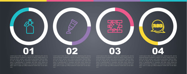 Set line Paint spray gun, Tube with paint palette, Painting the house and RGB. Business infographic template. Vector