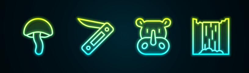 Set line Mushroom, Swiss army knife, Rhinoceros and Waterfall. Glowing neon icon. Vector