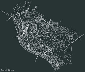 Detailed negative navigation urban street roads map on dark gray background of the quarter Beuel district of the German capital city of Bonn, Germany