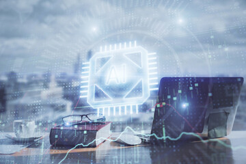 Multi exposure of data theme drawings and desk with open notebook background. Concept of education