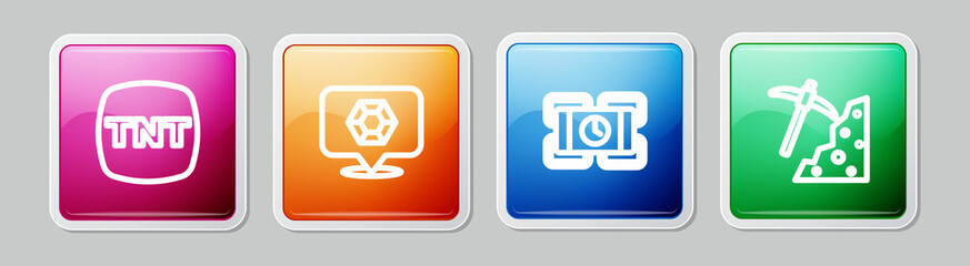 Set line Dynamite, Gem stone, and Pickaxe. Colorful square button. Vector