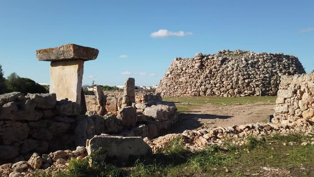 Video with movement approaching a megalithic structure in the talayotic town of Trepuc&oacute; on the island of Menorca, Spain.