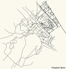 Detailed navigation urban street roads map on vintage beige background of the quarter Friesdorf sub-district of the German capital city of Bonn, Germany