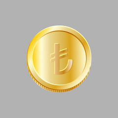 Gold coin with lira sign isolated on grey background