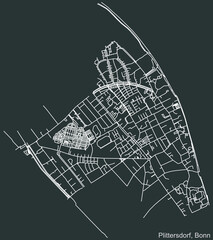 Detailed negative navigation urban street roads map on dark gray background of the quarter Plittersdorf sub-district of the German capital city of Bonn, Germany