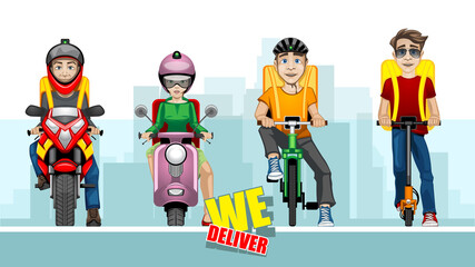 Cartoon illustration with four delivery men on different vehicles on the background of the city.