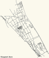 Detailed navigation urban street roads map on vintage beige background of the quarter Rüngsdorf sub-district of the German capital city of Bonn, Germany