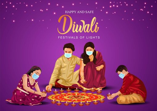 Indian Family Celebrate Diwali Festival Background With Decorated Rangoli And Diya. Vector Illustration Design. Covid 19, Corona Virus Concept