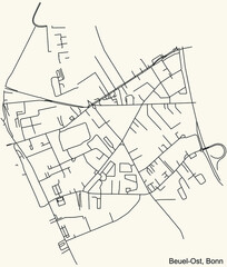 Detailed navigation urban street roads map on vintage beige background of the quarter Beuel-Ost sub-district of the German capital city of Bonn, Germany