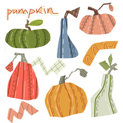 Abstract illustration of a set of pumpkins of different colors and shapes.