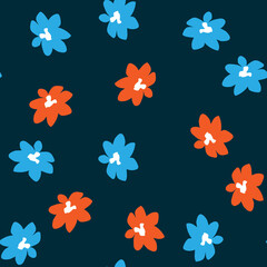 Seamless pattern with orange and blue flowers on dark background