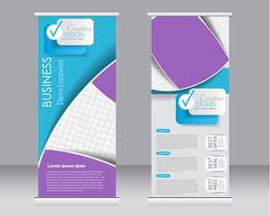 Roll up banner stand template. Abstract background for design,  business, education, advertisement.  Purple and blue color. Vector  illustration.