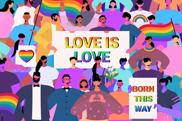 Naklejka premium mix race people holding lgbt rainbow flags and placards gay lesbian love parade pride festival transgender love