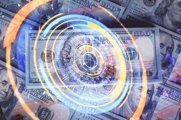 Double exposure of tech theme drawing over usa dollars bill background. Concept of technology.