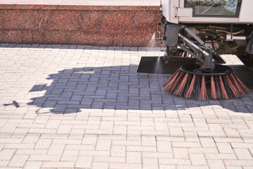 Street cleaner. Sweeper truck machine. Compact technology worker. City hygiene service