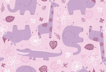 Pretty pink and purple safari animal characters in a seamless vector pattern. Vector patterns are great for backgrounds, wrapping paper, and surface designs. © DezziDesign