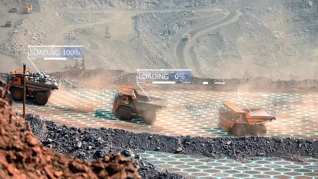 Three mining dump trucks in an iron ore open pit with infographics showing their fullness. Iron ore mining. Loaded 100 percent. Visualization of a modern quarry.