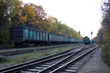 Obraz premium Railway tracks.Trains and wagons standing on the railway tracks against the background of autumn nature.