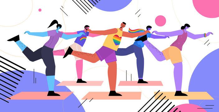 people doing stretching exercises LGBT parade pride festival transgender love concept full length horizontal vector illustration
