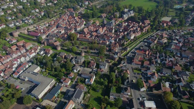 Aerial view of the city Büdingen in Germany, hesse on a sunny morning in late summer. 