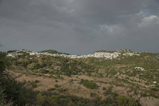 Beautiful scenery of a green cliffs in the Gaucin white village in Genal Valley, Spain