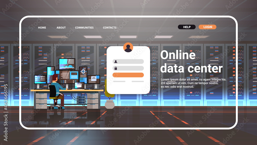 Poster man working in online data center room website landing page template hosting server computer monitoring