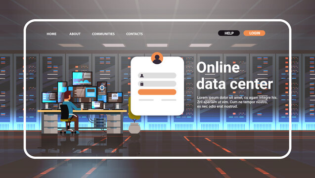 man working in online data center room website landing page template hosting server computer monitoring