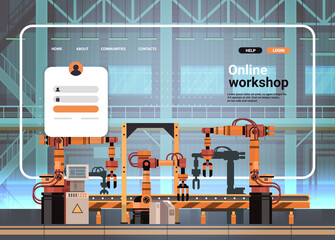 online workshop website landing page template robotic machine industrial manufacture smart factory concept
