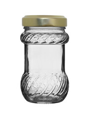 An empty glass jar of fashionable shape, closed with a metal lid. Isolated on a white background