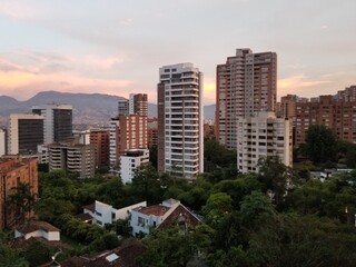 Medellin, Antioquia, Colombia. October 7, 2019: Sunrise in the city seen from El Poblado.