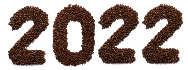 The figures of 2022 from coffee beans on a white isolated background