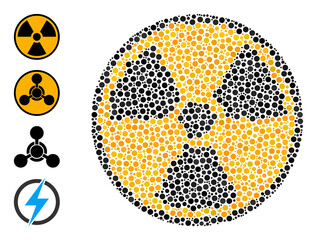 Round dot collage radioactive. Vector collage is based on radioactive icon, and organized of random circle items. Vector icon of radioactive created with random round dots.