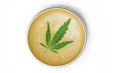 CBD muscle balm for reliefing tired, aching muscles and joint pain. Oil hemp balm on white.