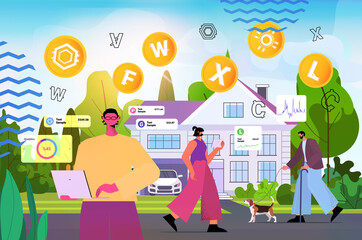 people using cryptocurrency mining app on gadgets virtual money transfer application banking transaction digital currency