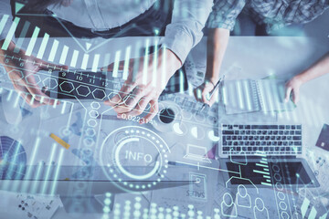 Double exposure of man and woman working together and technology theme drawing. Computer background. Top View. High tech concept.