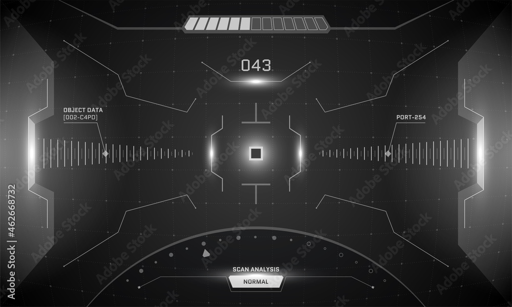 Poster vr hud game interface crosshair screen design. futuristic sci-fi virtual reality view head up displa
