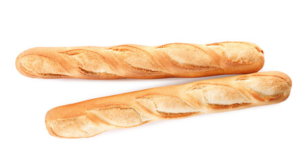 Tasty baguettes on white background, top view. Fresh bread
