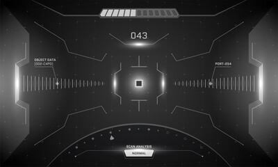VR HUD game interface crosshair screen design. Futuristic sci-fi virtual reality view head up display visor concept. Abstract GUI UI digital technology control center dashboard panel. Eps