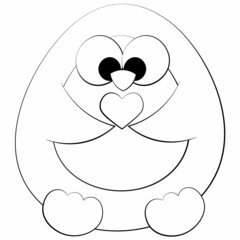 Cute cartoon Penguin with little heart. Draw illustration in black and white